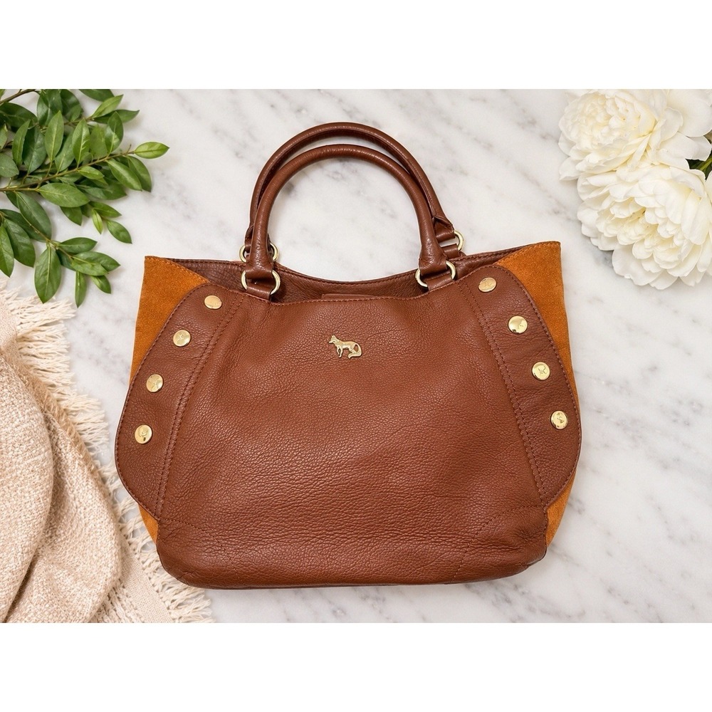 Emma Fox Brown Pebble Leather Satchel Handbag Sweet Panels Gold Tone Large